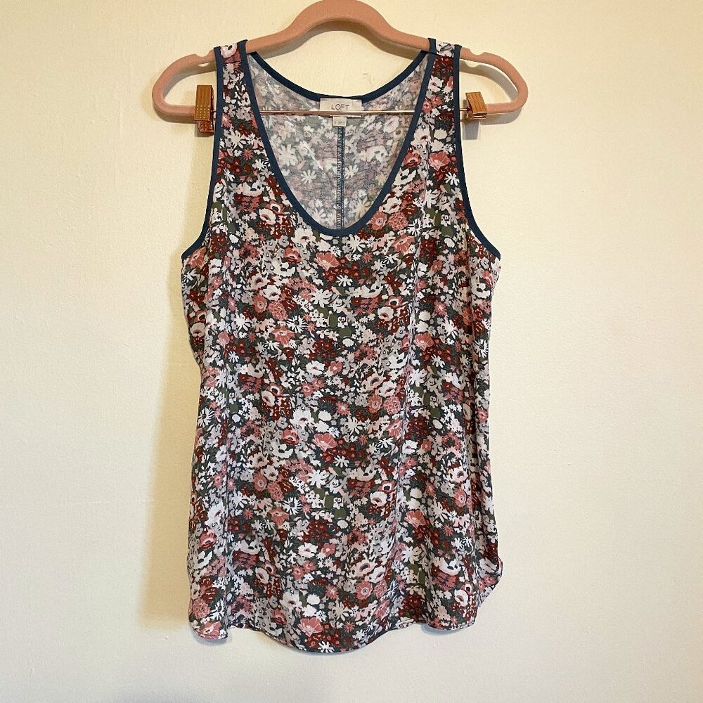 LOFT Outlet | Pink Gray Floral Chiffon and Jersey Mixed Media Swing Tank Size S